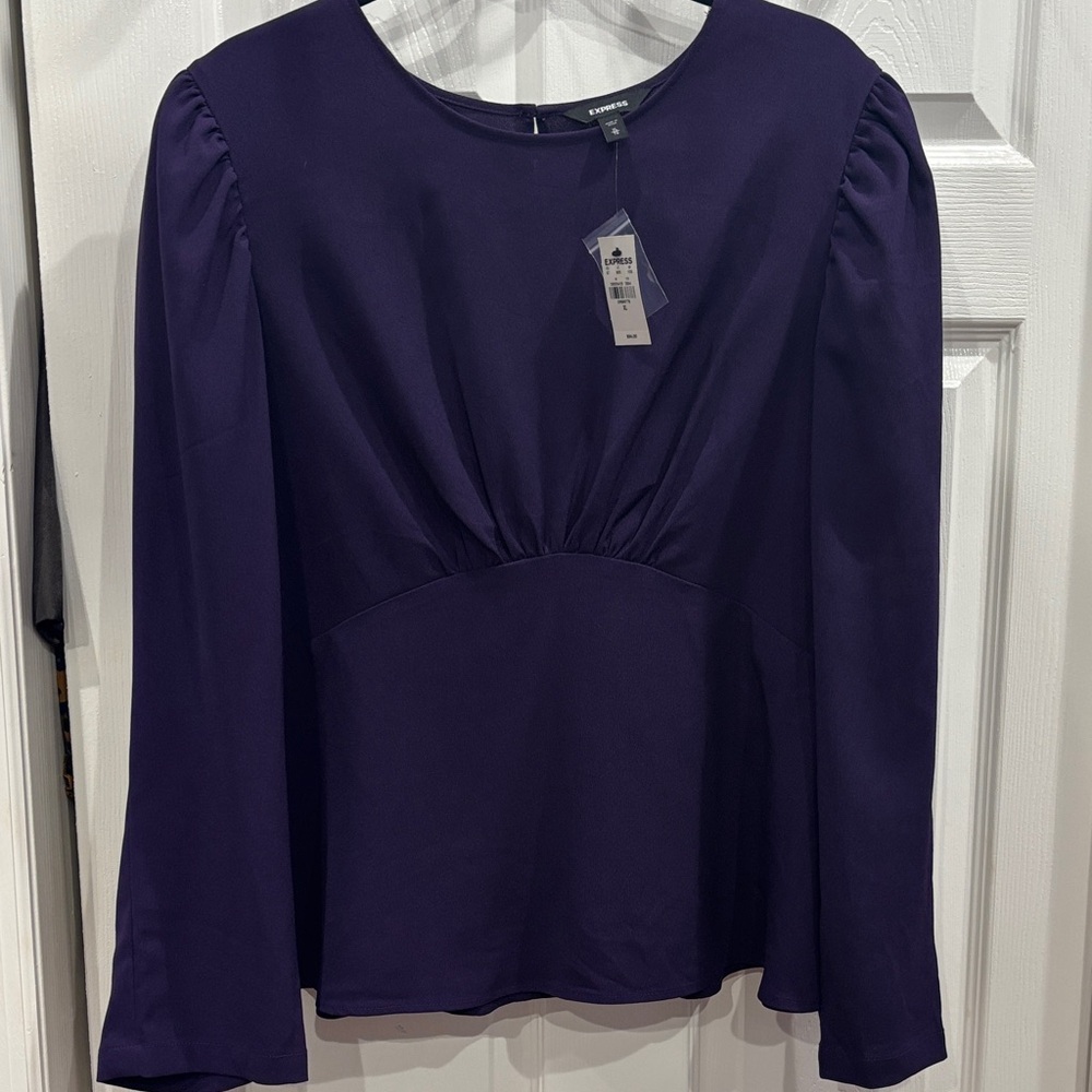 Express Women’s Purple Long-Sleeve Pleated Front Top